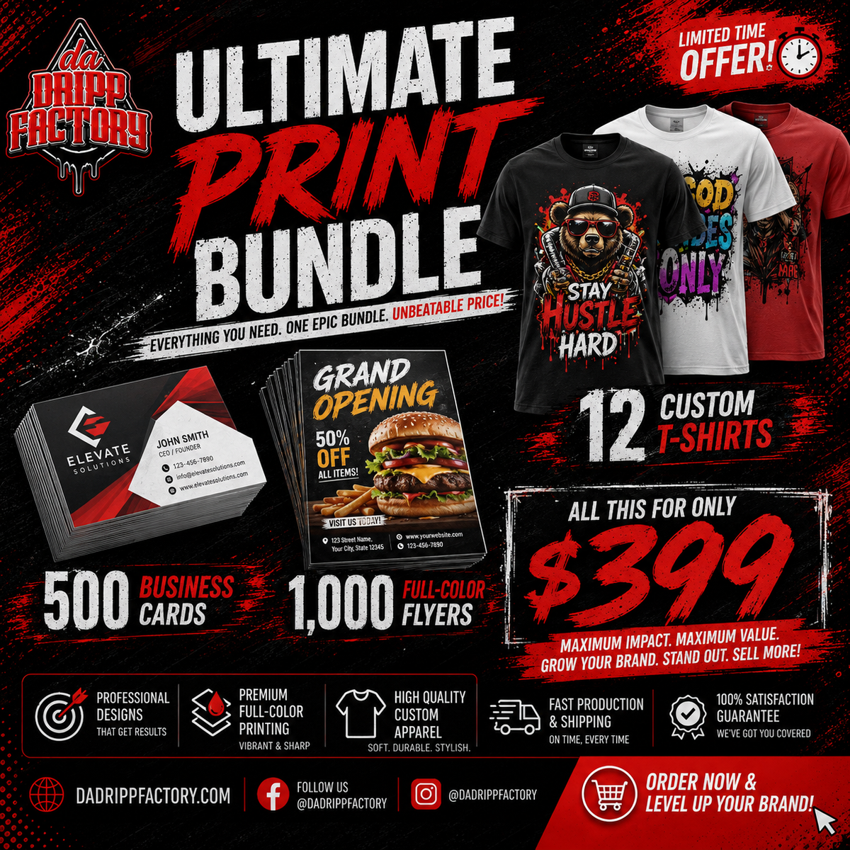 Ultimate Print Bundle – 500 Business Cards + 1,000 Full-Color Flyers + 12 Custom T-Shirts Main image