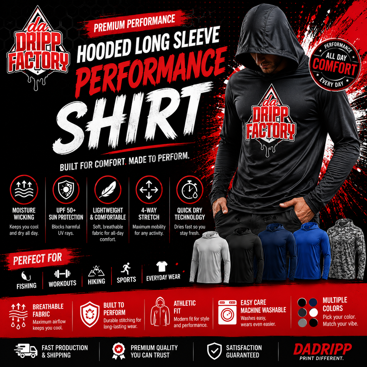 custom Hooded Long Sleeve Performance Shirt Main image